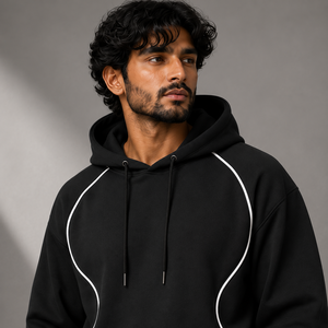 Men's Black Hooded Tracksuit Set with White Contrast Piping Pullover Hoodie and Jogger Pants for Casual Sportswear - Product Image 3