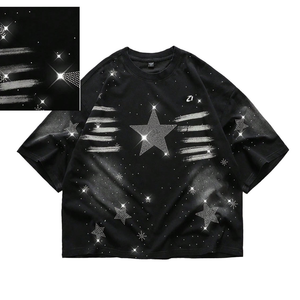 Camiseta de hombre con estrellas brillantes, camiseta oversize con pedrería, camiseta de algodón negro grueso, estilo hip hop, ropa urbana. - Product Image 1