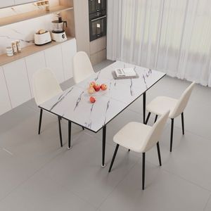 Juego de Mesa y Sillas de Comedor Modernas Extensibles de MDF de 47''/63'' para 2-6 Personas, Mesa Blanca con Tapicería Beige, Elegante para el Comedor - Product Image 4