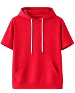 Haut à capuche rouge personnalisé à manches courtes pour homme, pull décontracté à capuche, t-shirt léger d'été, style streetwear, en mélange de coton avec poches - Product Image 1