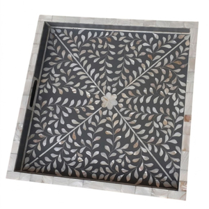 Plateau de service décoratif rond en nacre incrustée, fait main, motif floral noir, pour table basse ou ottoman - Product Image 5
