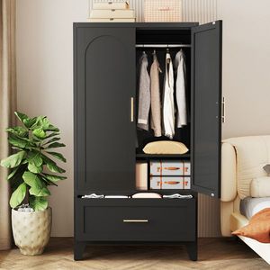 60\" Tall Metal 2-Door <b>Wardrobe</b> Cabinet <b>with</b> 1 <b>Drawer</b> & Hanging Rod Bedroom Office Laundry Closet <b>with</b> <b>Shelf</b> - Product Image 3