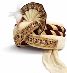 Luxury Maroon Cream Velvet Groom Turban Safa with Ruby Kalgi Royal Indian Wedding Pagri OEM Wholesale - Product Image 3