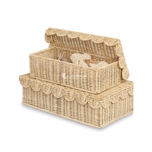 Woven Rattan <b>Storage</b> <b>Basket</b> with Lid Scalloped <b>Wicker</b> Organizer Beige Round <b>Basket</b> for Home Bathroom Bedroom - Product Image 1