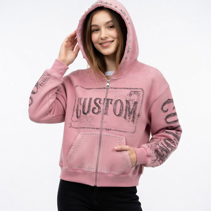 เสื้อฮู้ดดี้สตรีทแวร์ผ้าฝ้ายทรงโอเวอร์ไซส์พิมพ์ลายกราฟิกแบบ Dirty Wash ซิปหน้า ตกแต่งด้วยคริสตัลทรงกล่อง ยี่ห้อ SHY SPORTS แบบสั่งทำพิเศษ - Product Image 3