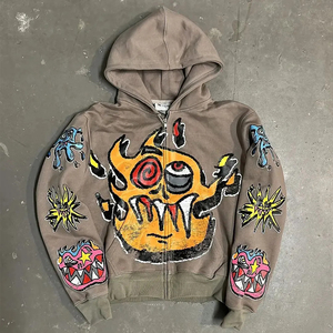 เสื้อฮู้ดซิปผู้ชายทรงโอเวอร์ไซส์ OEM ODM พิมพ์ลายการ์ตูนวาดมือ สไตล์สตรีทแวร์ ผ้าฝ้ายฟลีซ ใส่ได้ในฤดูใบไม้ร่วง ทรงปกติ - Product Image 2