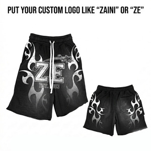 Premium 280 GSM Acid Wash 100% Cotton <b>Shorts</b> Custom Distressed Front <b>Sequined</b> Logo Black/Grey Casual Waterproof Breathable - Product Image 1