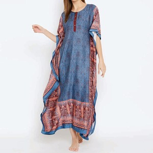 Women's Blue Paisley <b>Print</b> Kaftan Dress With Contrast Trim Floor-Length Modest Evening Gown Cap Sleeve Rayon <b>Material</b> - Product Image 4