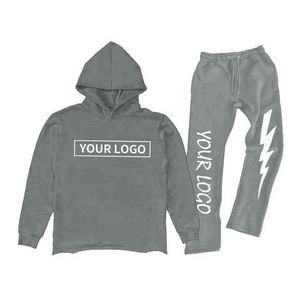 Ensemble de survêtement tendance pour homme : sweat à capuche et pantalon de jogging à bords bruts, logo personnalisé, impression 3D en relief, coupe évasée, qualité supérieure - Product Image 5