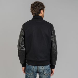 Blouson universitaire en laine épaisse pour homme, noir, hiver, col montant, logo frontal, patchwork géométrique, à capuche, vintage, respirant - Product Image 4