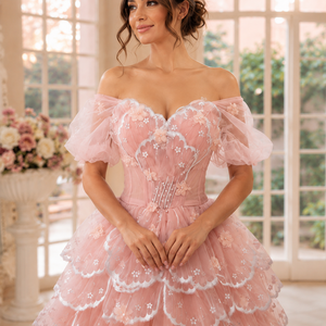 Women's Blush Pink Sweetheart Neckline Off-Shoulder Ball Gown Short Layered Chiffon <b>Skirt</b> Chapel Train Candy Color Pleat - Product Image 2