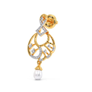 Geometric <b>Infinity</b> Diamond Dangle <b>Earrings</b> with Curved Gold Openwork and White Stone Drop - Product Image 2