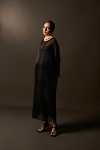 Women's Woven Silk Midi <b>Dress</b>, Asymmetrical Stripes, Crew Neck, Regular Sleeve, <b>Loose</b> Straight Fit, Casual Button Style - Product Image 4