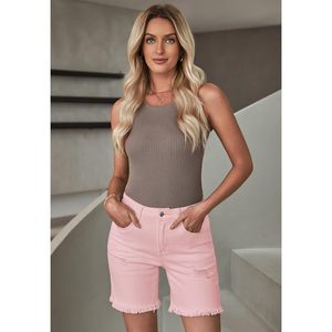 Shorts en jean déchirés taille haute pour femme, style décontracté et tendance, avec ourlet brut et boutons, modèle long 2026 - Product Image 2