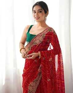 Soft Georgette Bandhani Print Saree Embroidery Work Banglori <b>Satin</b> <b>Blouse</b> Women Quick Dry Modern Festive Wedding Sarees - Product Image 1