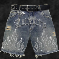 Pantalones Cortos de Jean para Hombre al por Mayor, de Verano, de Mezclilla, Lisos, Casuales, con Lavado Vintage, Logotipo Personalizado, Cintura Media, Cierre de Cremallera, con Pedrería, 100% Algodón