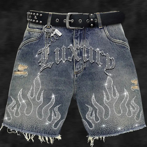 Shorts en jean décontractés vintage pour hommes, taille mi-haute, avec fermeture éclair, logo personnalisé, strass, 100 % coton, vente en gros - Product Image 1