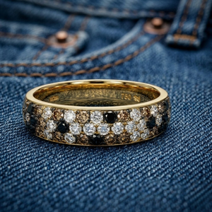 Hong Kong Jewelry Wholesale 18k Yellow Gold Black & White Diamond Classic Pave Wedding Band Rings for Anniversary Bridal Party - Product Image 1