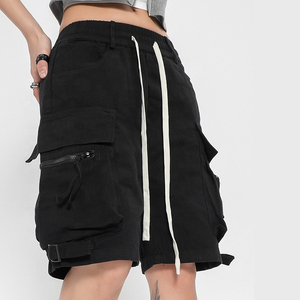 <b>Women's</b> <b>Black</b> <b>Cargo</b> <b>Shorts</b> High Waist Elastic Drawstring Loose Fit Streetwear Style with Multiple Pockets Canvas Material - Product Image 1