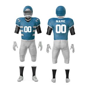 Ensemble d'uniformes de football américain personnalisés bleu, noir et blanc, col en V, manches courtes, évacuation de l'humidité, 100 % polyester, équipement pour hommes adultes - Product Image 6