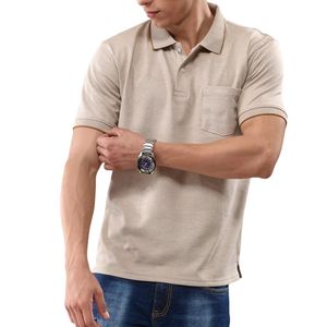 Polo en coton beige pour homme, manches courtes, avec poche, vêtement décontracté, tissu respirant, coupe classique, couleur unie, polos pour homme - Product Image 6