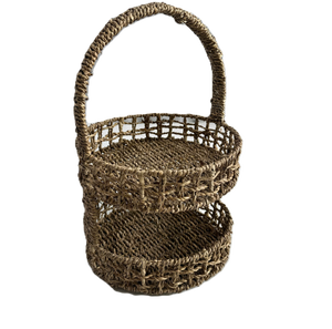 Panier de rangement minimaliste à deux niveaux, double couche, en herbe de mer tressée, fibre naturelle, panier à étages - Product Image 5