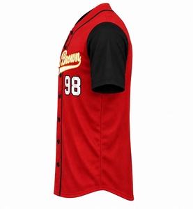 Camiseta de Béisbol Personalizada al por Mayor, Cuerpo Rojo, Mangas Negras, Número 98, Impresión de Escritura Personalizada del Equipo, Cierre de Botones, Secado Rápido, para Hombre, Práctica - Product Image 5