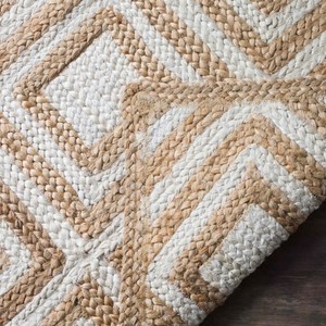 Tapis géométrique en jute rectangulaire moderne à tissage plat antidérapant pour salon, motif blanc beige - Product Image 3