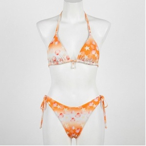 Ensemble bikini 2 pièces imprimé coquille d'orange, haut dos nu et bas à nouer sur les côtés avec décoration de perles, maillot de bain femme - Product Image 1
