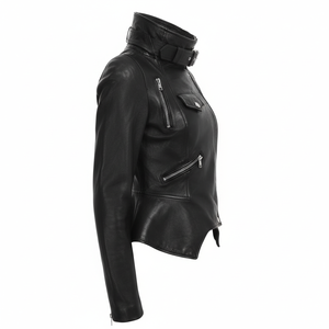 Veste en cuir noire pour femme, style motard, coupe slim, streetwear décontracté, couleur unie - Product Image 4