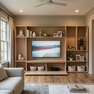 Meuble de rangement mural modulaire, meuble TV avec portes battantes, placage bois naturel, console multimédia, étagère ouverte, rangement pour salon - Product Image 2