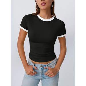 2025 2025 Y2K เสื้อครอปแขนสั้นของผู้หญิงเสื้อครอปแบบธรรมดาคอกลมและสีบล็อกเข้ารูปแขนสั้นน่ารักและสำหรับฤดูร้อน - Product Image 2