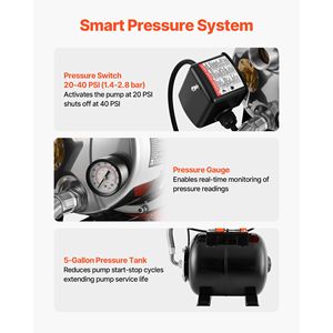 Pompa a getto per irrigazione in acciaio inossidabile da 1.6 HP con serbatoio a pressione da 5 galloni, 120V, 1320 GPH, per pozzi poco profondi, con serbatoio a pressione automatico - Product Image 4