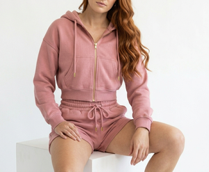 Conjunto de Sudadera con Capucha y Cremallera y Pantalones Cortos, Manga Larga, Color Sólido, Informal, de Punto, de Algodón, 2 Piezas, para Primavera/Verano - Product Image 3