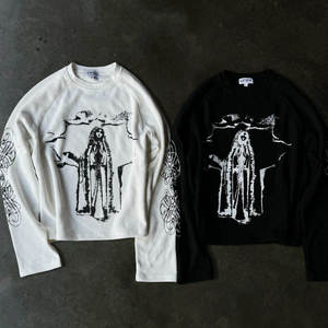 T-shirt ample à épaules tombantes en tricot 100% coton biologique épais à motif gaufré et manches longues - Product Image 1