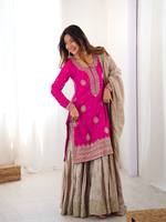 Conjunto de Dupatta de Seda Chinon Tradicional TENNECY con Lentejuelas y Perlas, Reversible y Sin Arrugas para Mujer - Ideal para Bodas y Fiestas