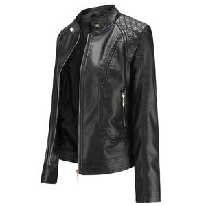 Chaqueta de Moto de Cuero PU Negra para Hombre, Cuello Alto, Cierre de Cremallera, Corte Ajustado, para Otoño, Manga Larga, Color Sólido - Product Image 1