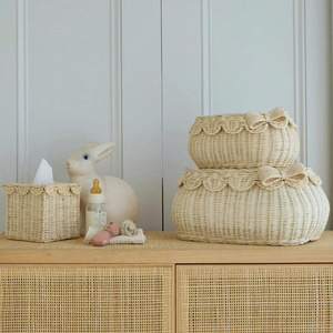 Boho Round Rattan <b>Storage</b> Basket With Lid And Bow Detail Wicker Organizer For Nursery Toy <b>Storage</b> Handmade Kids <b>Hamper</b> Decor - Product Image 4