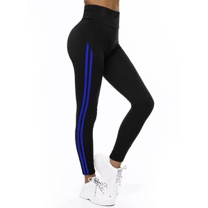 High Waist Seamless Leggings With Blue Side Stripes Full Length Elastic Waist Women's Yoga Pants Contrast Stitch Design - Product Image 3