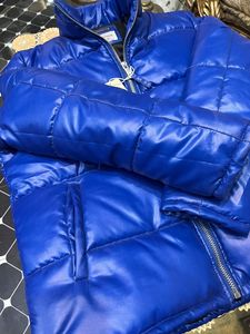 Blue <b>Puffer</b> <b>Jacket</b> for Men Shiny Zip-Up Quilted Leather Coat - Product Image 6