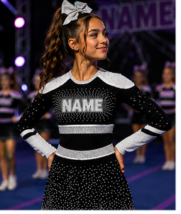 Ensemble d'uniformes de cheerleading personnalisés en strass respirants, bicolores noir et rouge, en spandex durable, tenue professionnelle pour équipe de compétition - Product Image 2