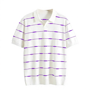 Polo en tricot rayé pour homme, manches courtes, décontracté, blanc avec des lignes vertes et dorées, coupe classique - Product Image 4