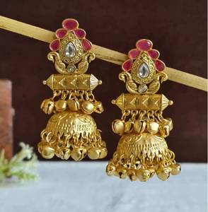 Pendientes Jhumka Tradicionales Indios para Mujer, Modernos y Elegantes, con Baño de Oro, Bisel de Latón, Piedras Artificiales, Ligeros - Product Image 4