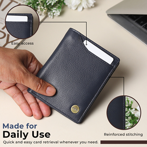 WRIZA Men's Genuine Leather <b>RFID</b> Blocking <b>Wallet</b> | Navy Blue Slim Bifold Open Coin Pocket Card Holder England Style Daily Use - Product Image 6