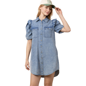 [veryjkor] VERY J - NOUVEAUTÉ - Robe chemise mini délavée effet minéral pour femme, en jean, à manches à volants, décontractée, courte, style vêtement d'extérieur en jean - Product Image 4