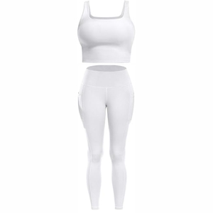 Women's <b>White</b> 2 Piece Yoga Set Seamless Racerback Crop <b>Top</b> High Waist Full Length Leggings Solid Color Workout Wear - Product Image 1