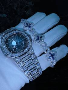 Montre mécanique bleu glace avec lunette entièrement sertie de diamants, bracelet en cristal, montre de luxe pour homme, cadeau - Product Image 3