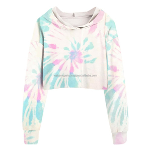 Haut décontracté en coton tricoté à manches longues et col rond pour femme, coupe courte tie-dye, respirant, coupe régulière, printemps-été - Product Image 5