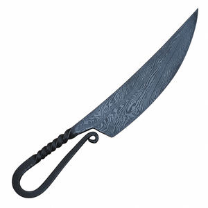 Cuchillo de Caza Curvo con Patrón Damasco Azul Gris, Mango de Metal Trenzado Negro, Agarre de Gancho y Bucle, Herramienta de Corte para Camping al Aire Libre - Product Image 3