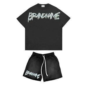 Brandname Men's 2 Piece <b>Set</b> T-Shirt & Shorts Black Street Style Embroidered Logo Summer Wear - Product Image 1